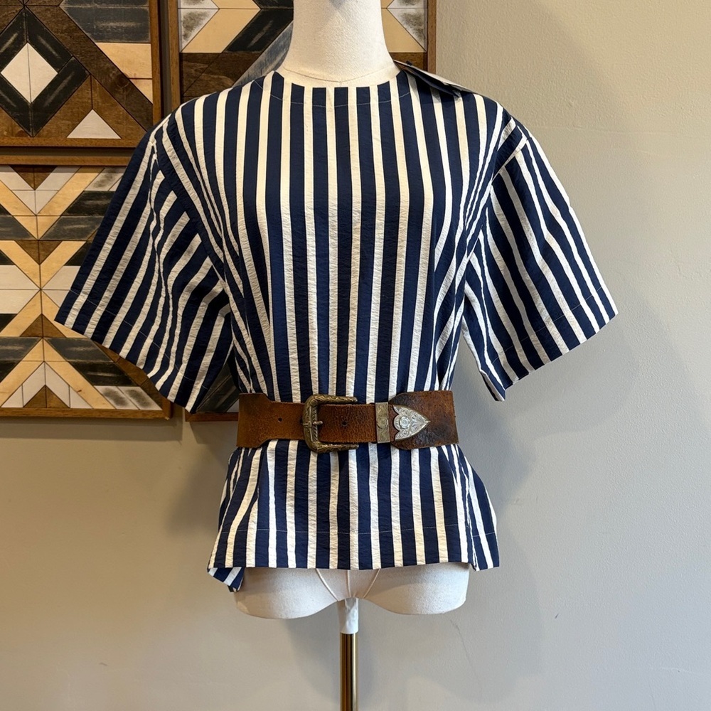 Polo Ralph Lauren Striped Silk-Blend Short-Sleeve Top Navy Multi XXS NWT